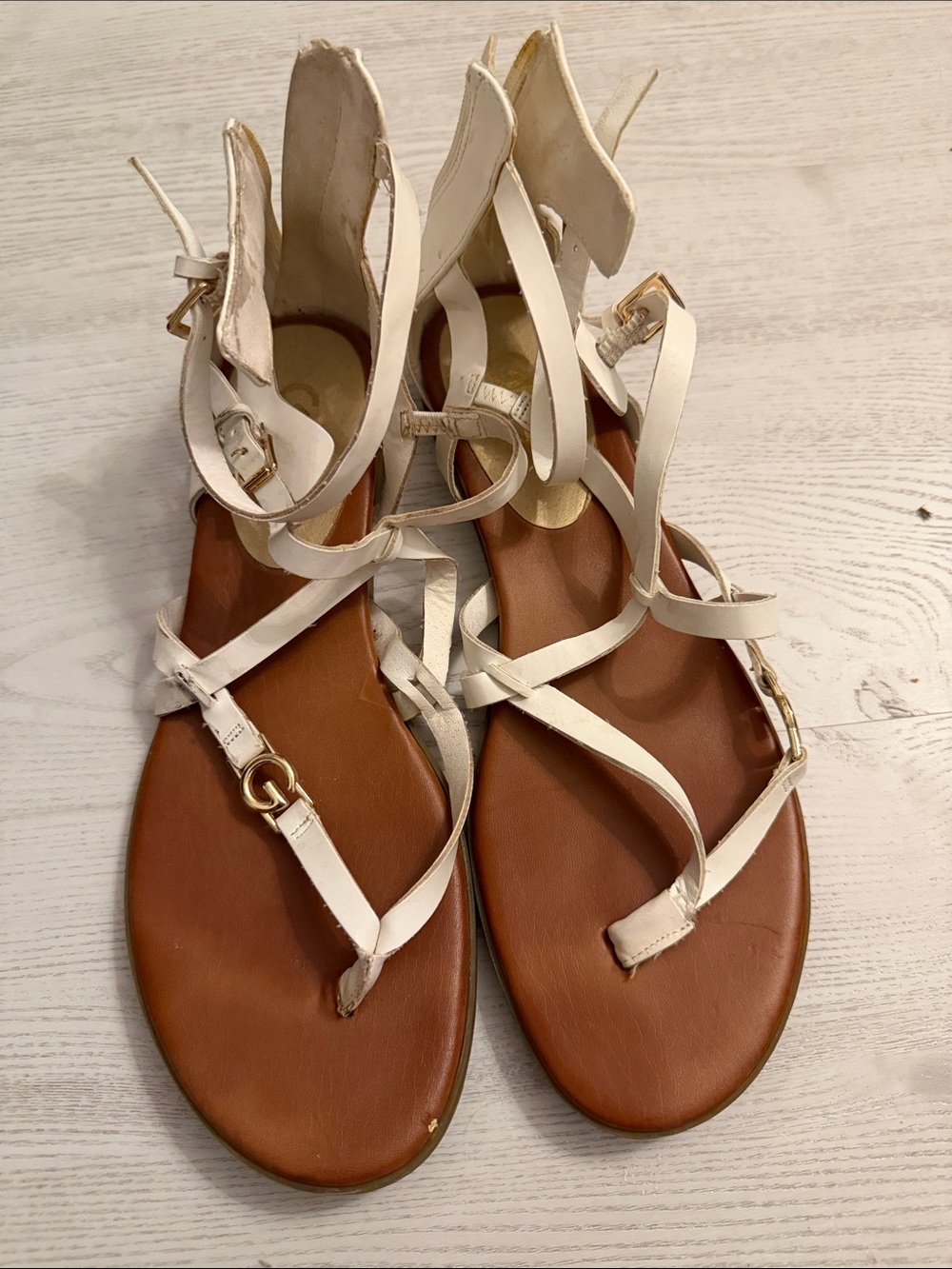 Guess White Strappy Gladiator Sandals with Gold Hardware